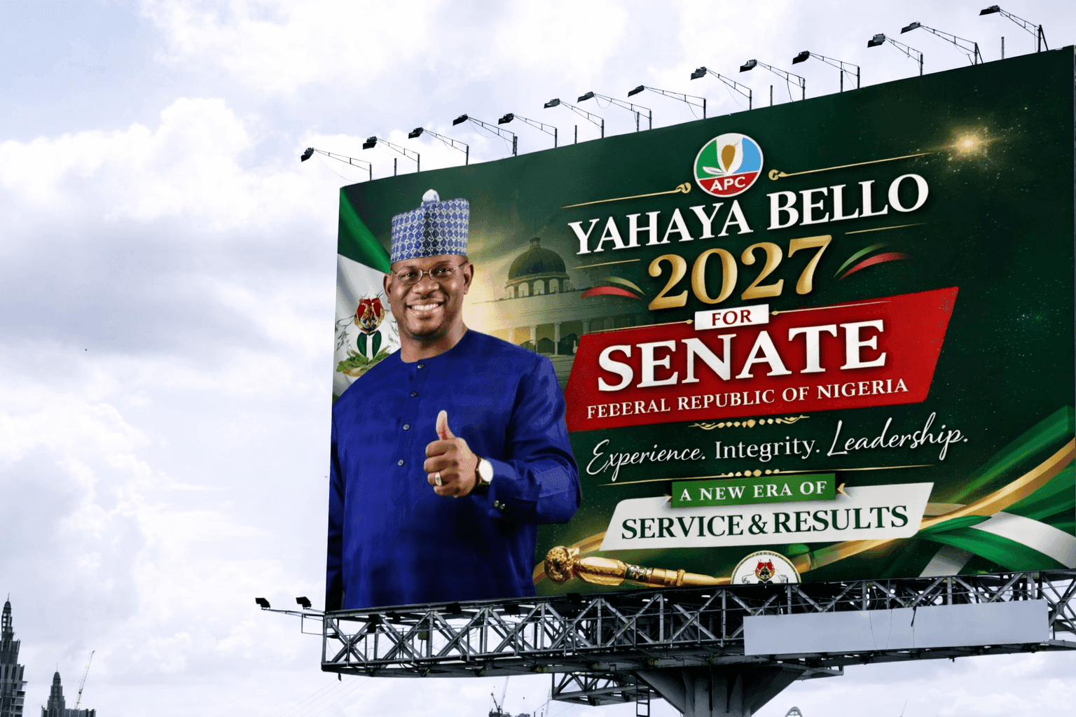 Political campaign banner mounted at an outdoor rally