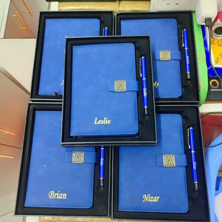 A5 leather-bound notebook with engraved cover