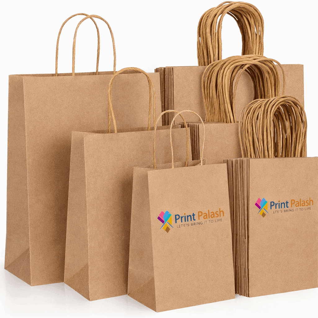 Brown kraft paper bag with printed branding and handles