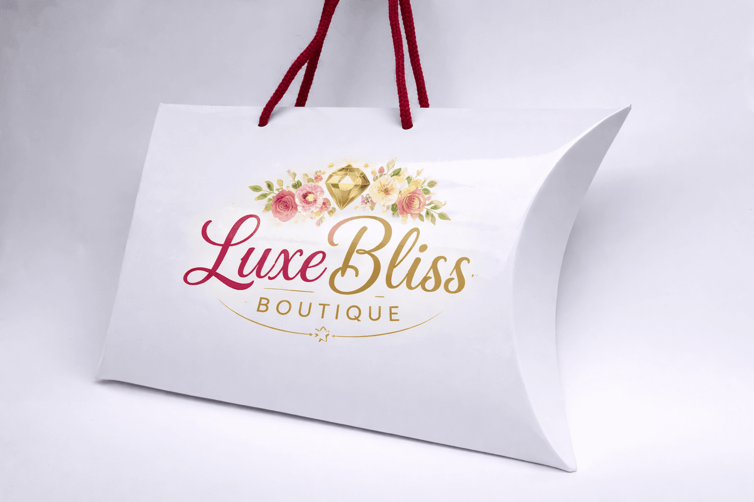 Pillow-shaped gift bag with twisted rope handle