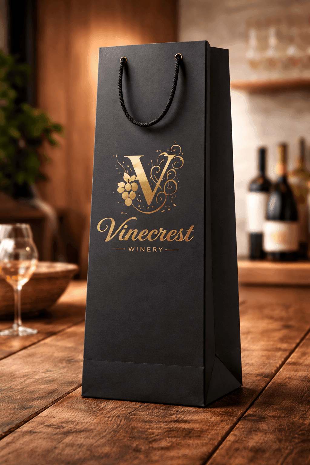 Tall branded wine bottle paper bag with rope handles
