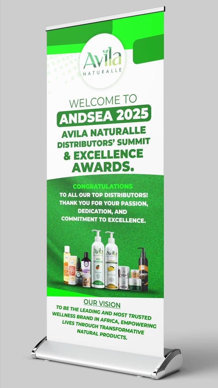 Retractable roll-up banner on a wide base stand