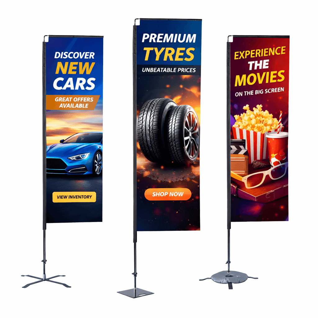 Tall feather-shaped fabric flag banner on a stand