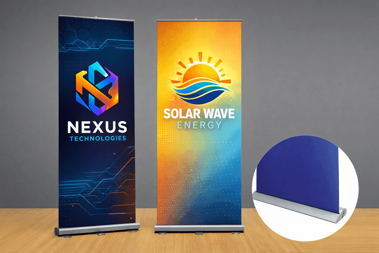 Compact retractable roll-up banner on a slim base stand
