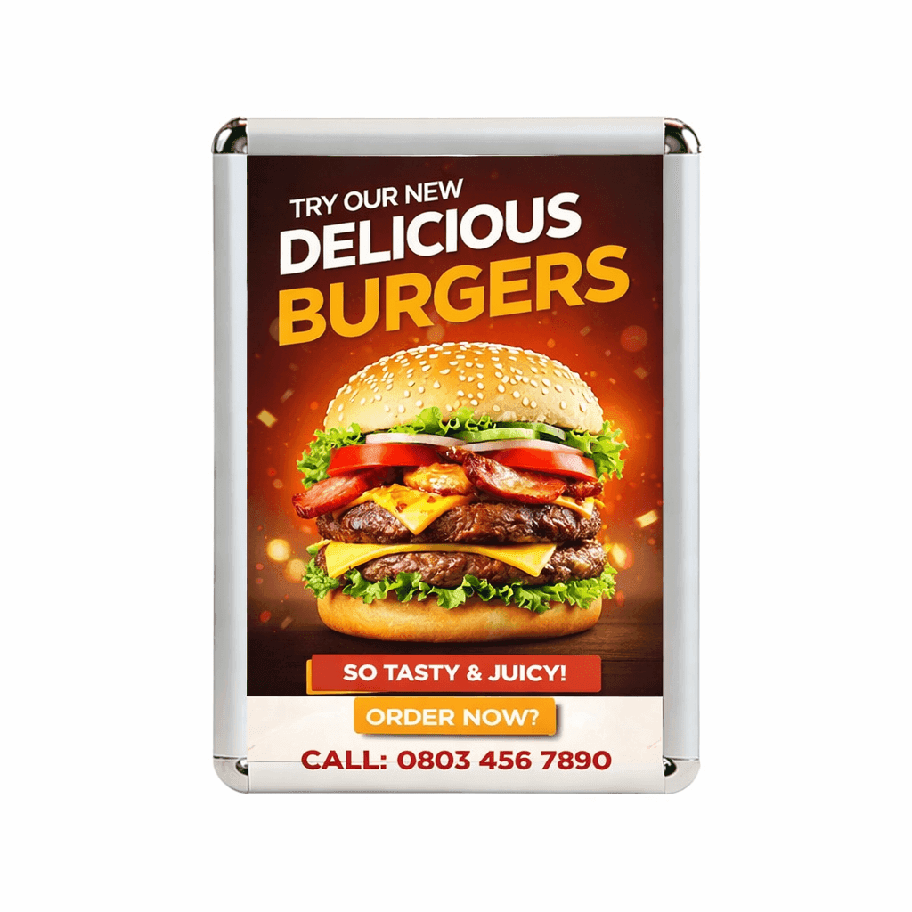 Aluminium snap frame holding a printed poster