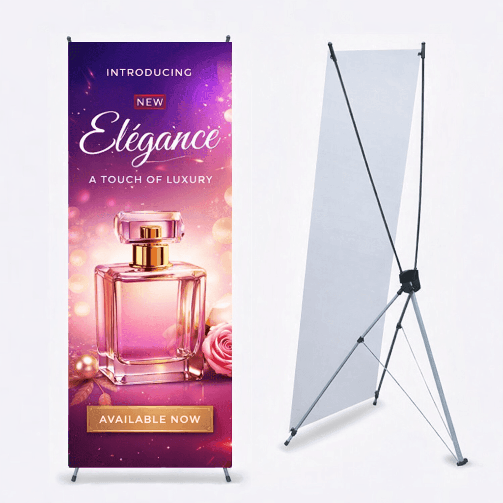 Printed X-banner mounted on a folding X-frame stand