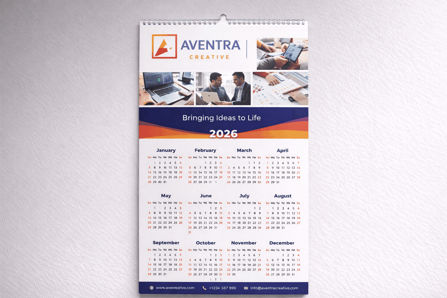 A3 wall calendar with spiral Wire-O binding