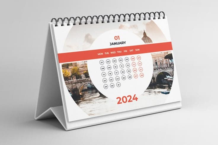 Standing desk table calendar with spiral binding