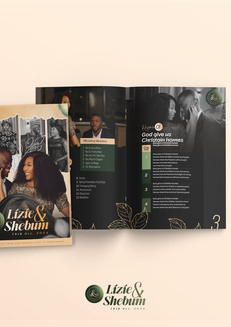 A5 wedding programme booklet with foiled cover